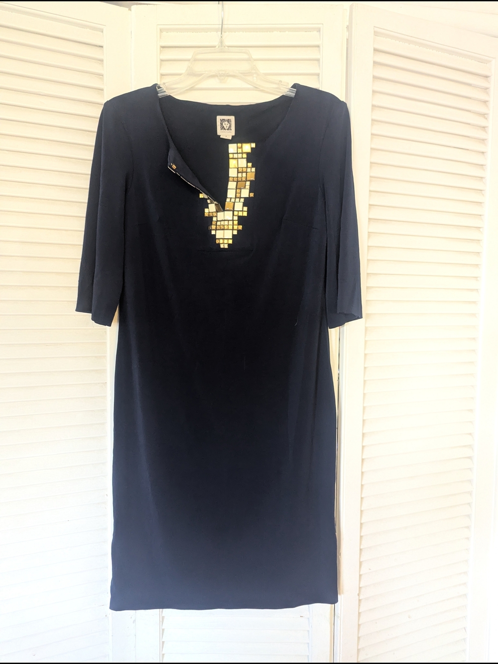 Anne Klein Navy Dress with Gold Tile Embellishment